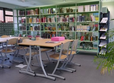 Salle de consultation du CDI avec tables chaises et rayonnages