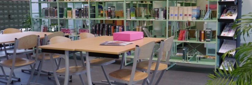 Salle de consultation du CDI avec tables chaises et rayonnages